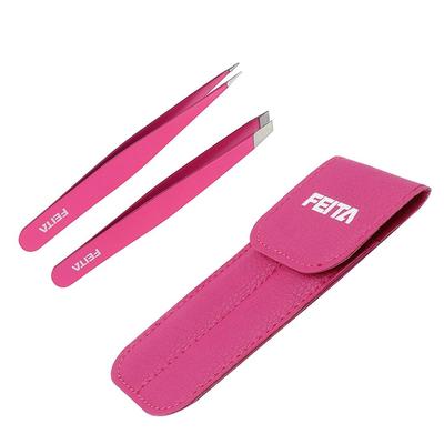 FEITA Professional Stainless Steel Slant & Pointed Tip With Travel Case Precision Pink Eyebrow Tweezers Set